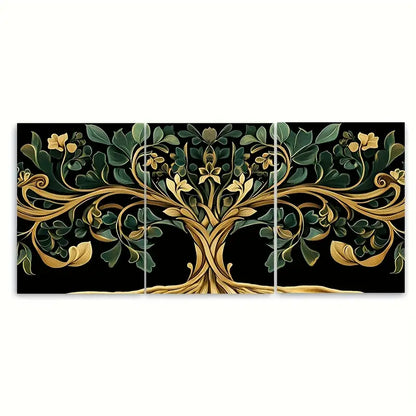 3pcs Golden Green Symbolic Tree Gothic Metal Print Ready to Hang Art
