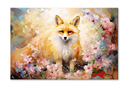 Fox in Blossom Flowers Abstract Oil Painting Wall Art Limited Edition High Quality Print Stretched Canvas None