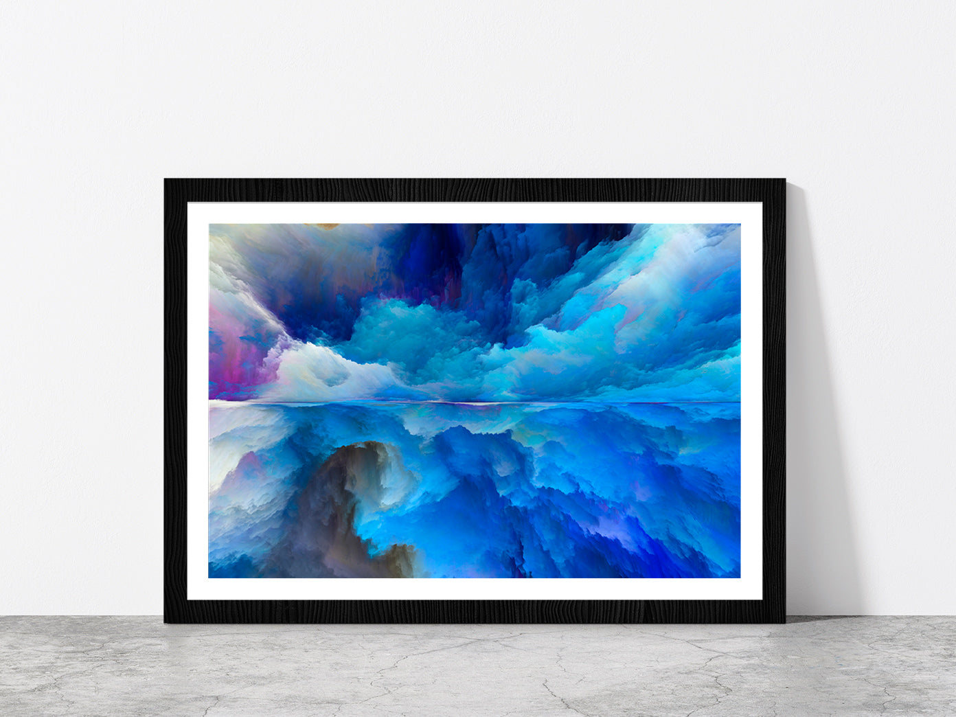 Blue Mixed Abstract Cloud Glass Framed Wall Art, Ready to Hang Quality Print With White Border Black