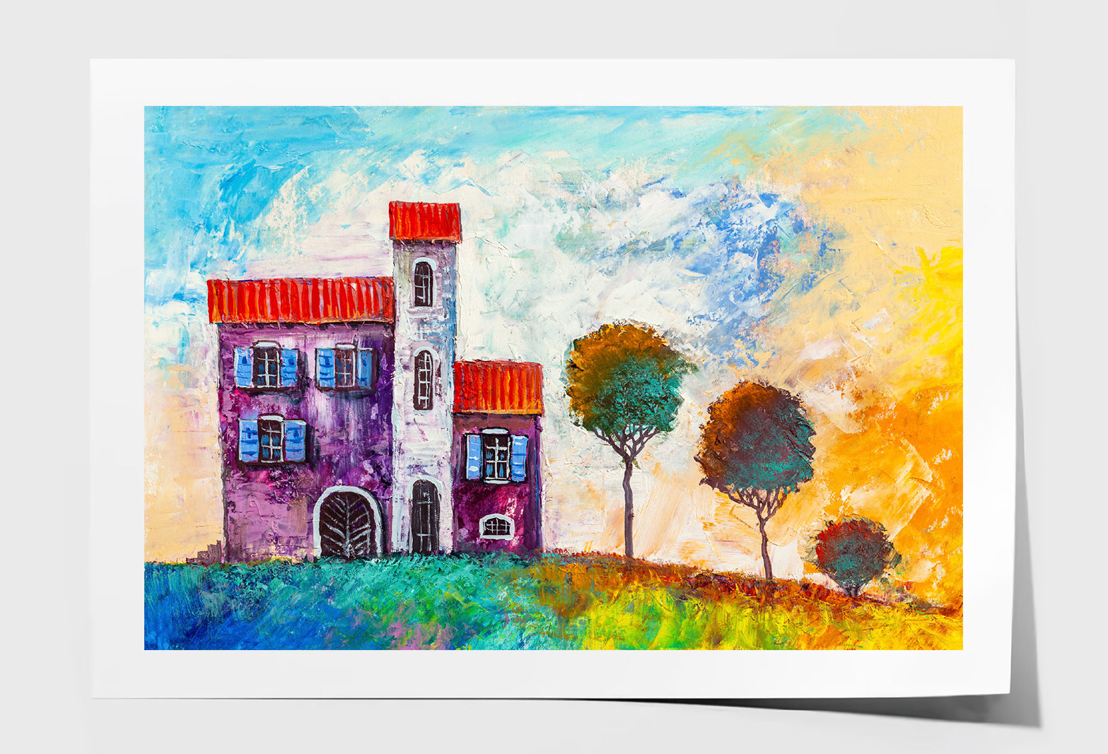 House in the Village & Trees Watercolor Painting Wall Art Limited Edition High Quality Print Unframed Roll Canvas None