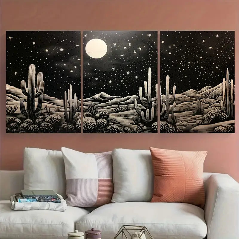 3pcs Desert Starry Night Cactus Moon Metal Print Ready to Hang Art