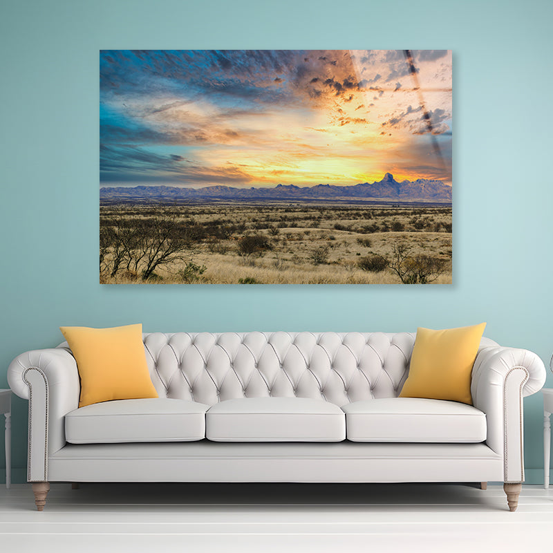 Desert Grassland with a Sunset & Mountains Acrylic Glass Print Tempered Glass Wall Art 100% Made in Australia Ready to Hang