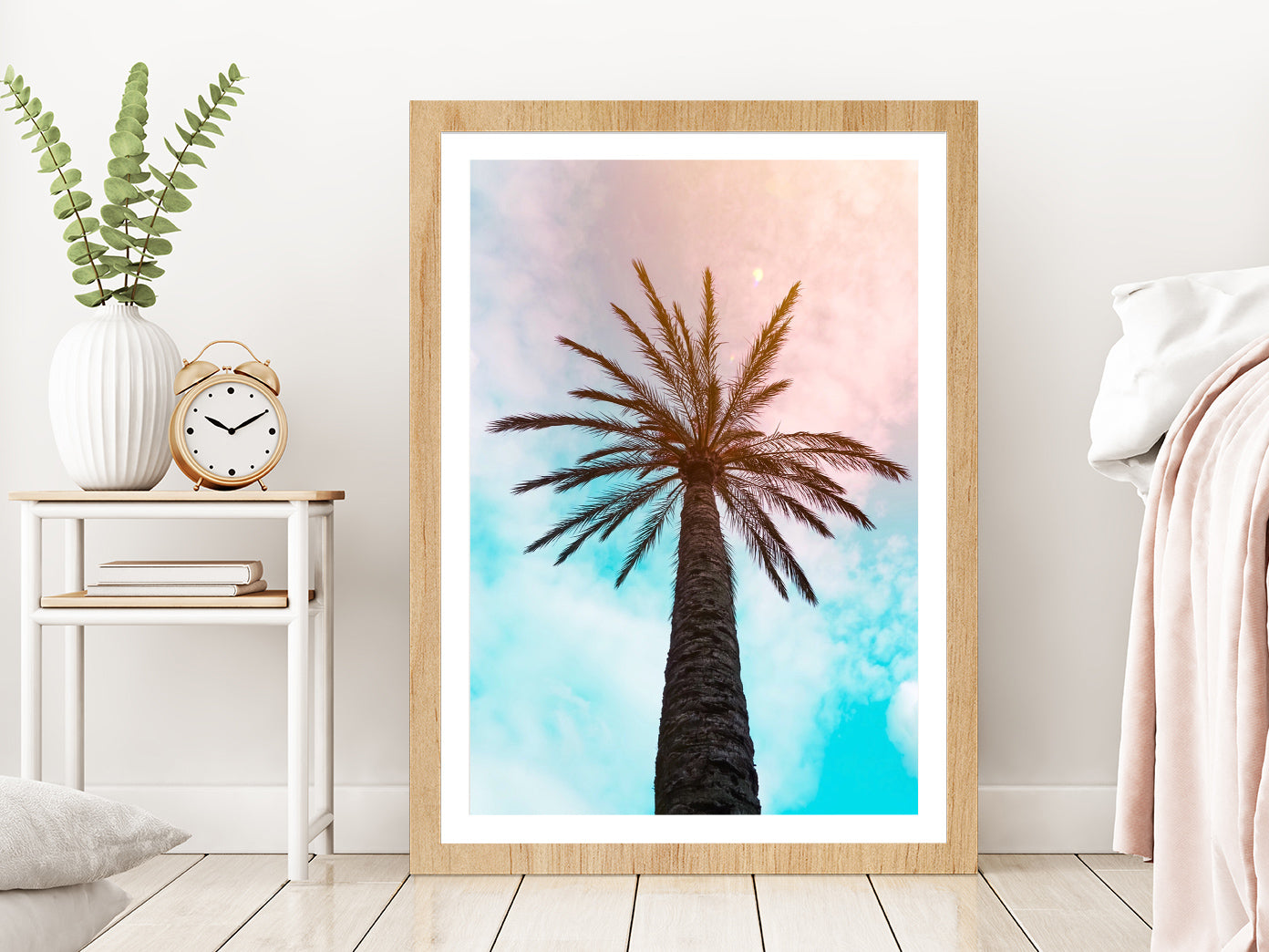 Palm Trees & Blue Pink Sky Scenery Photograph Glass Framed Wall Art, Ready to Hang Quality Print With White Border Oak