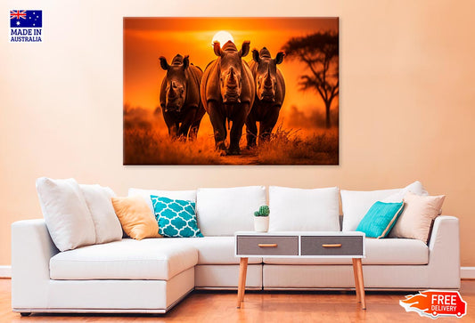 Three Big African Rhinos In Sunset Print 100% Australian Made