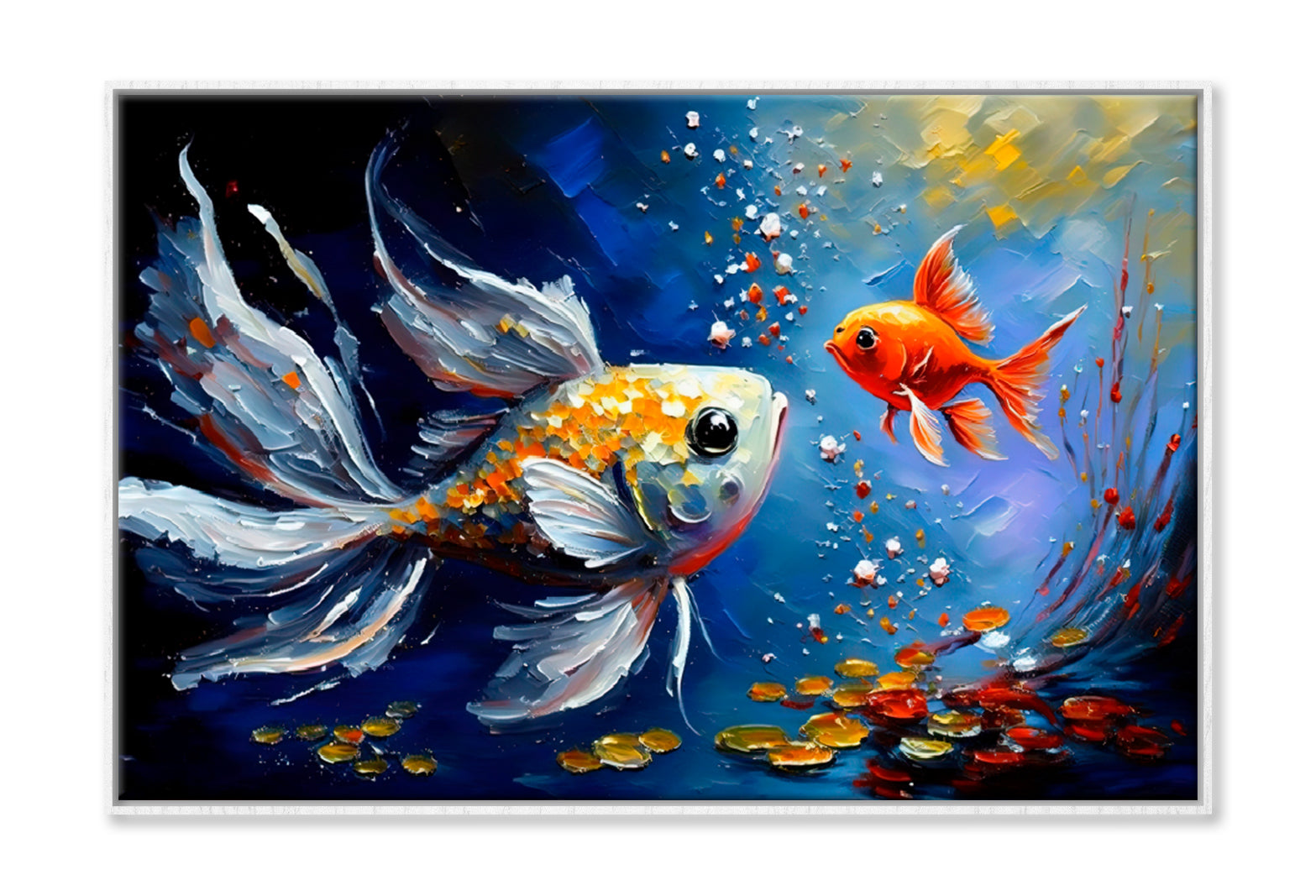 Gold Fish Oil Painting Limited Edition High Quality Print Canvas Box Framed White