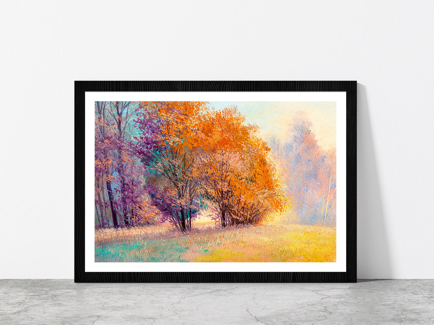 Autumn Forest With Orange Leaves Trees Glass Framed Wall Art, Ready to Hang Quality Print With White Border Black