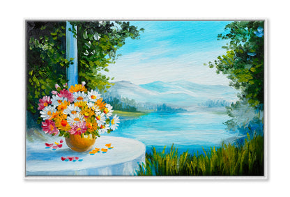 House Near The Sea, Colorful Flowers Oil Painting Wall Art Limited Edition High Quality Print Canvas Box Framed White