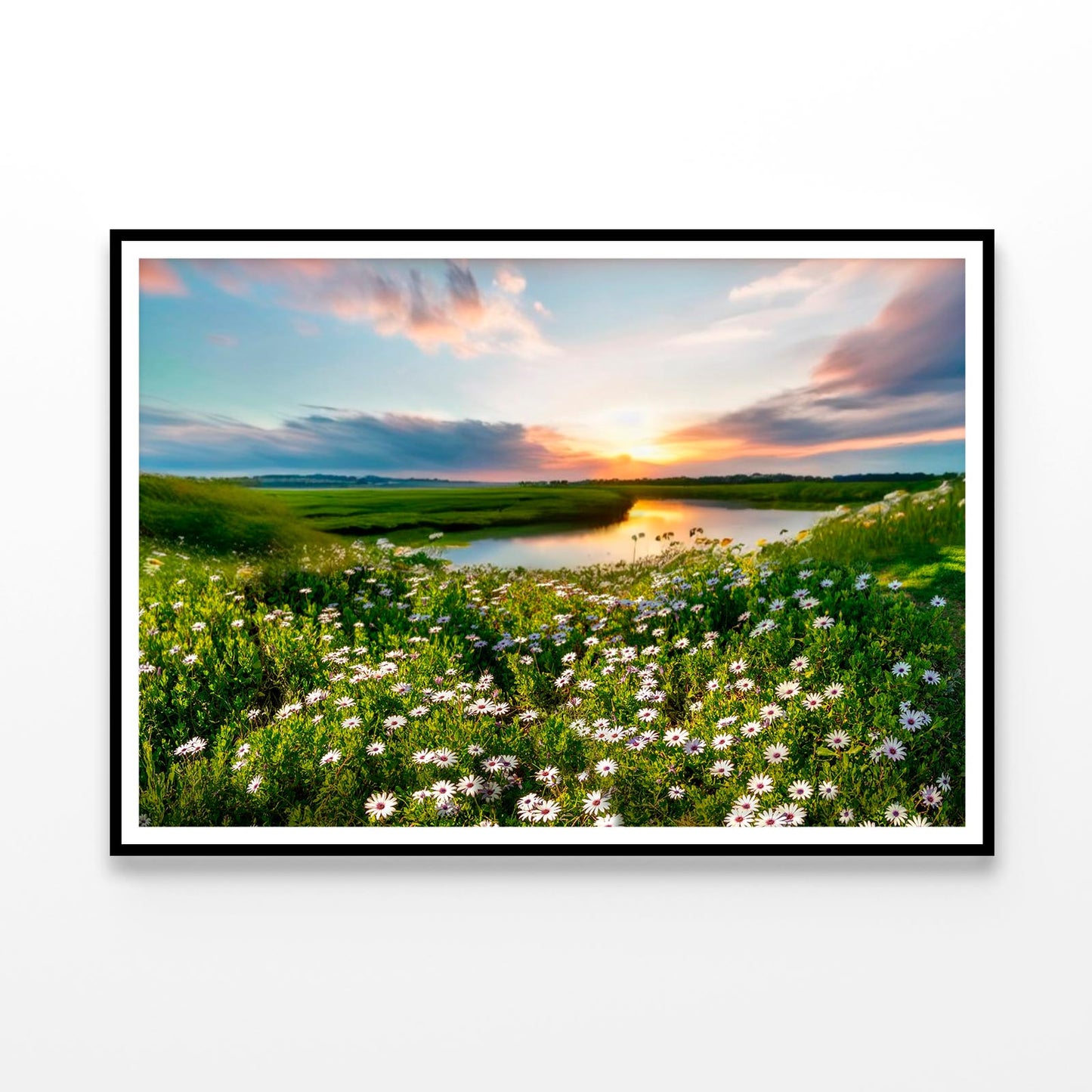 Summer Spring Natural With Lake & Wildflowers at Sunset Home Decor Premium Quality Poster Print Choose Your Sizes