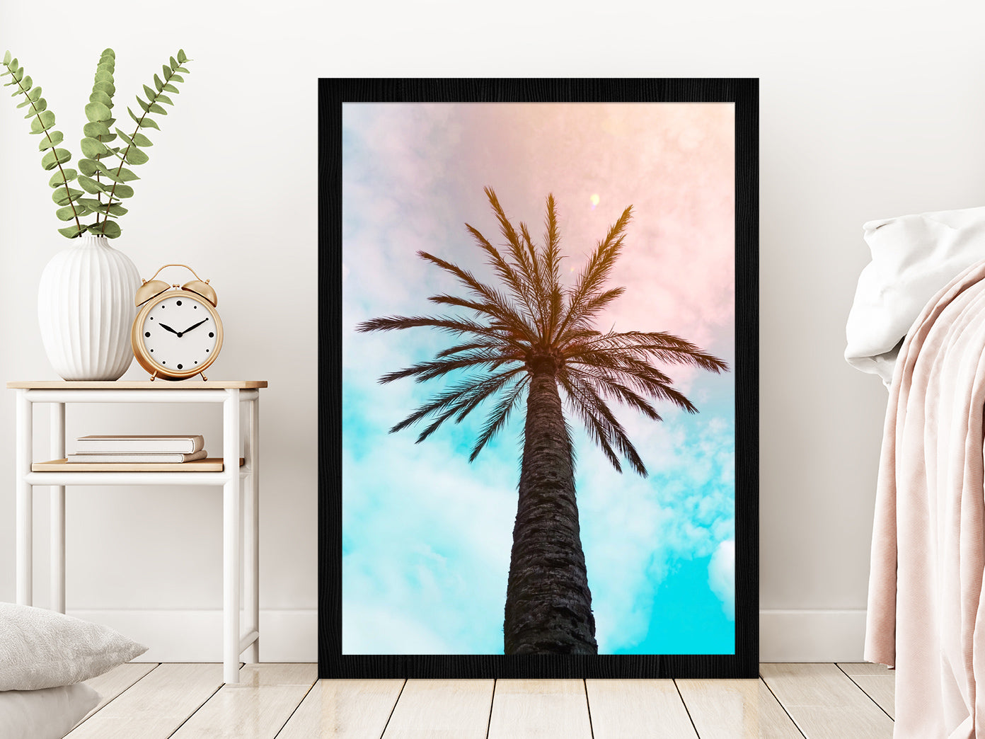 Palm Trees & Blue Pink Sky Scenery Photograph Glass Framed Wall Art, Ready to Hang Quality Print Without White Border Black
