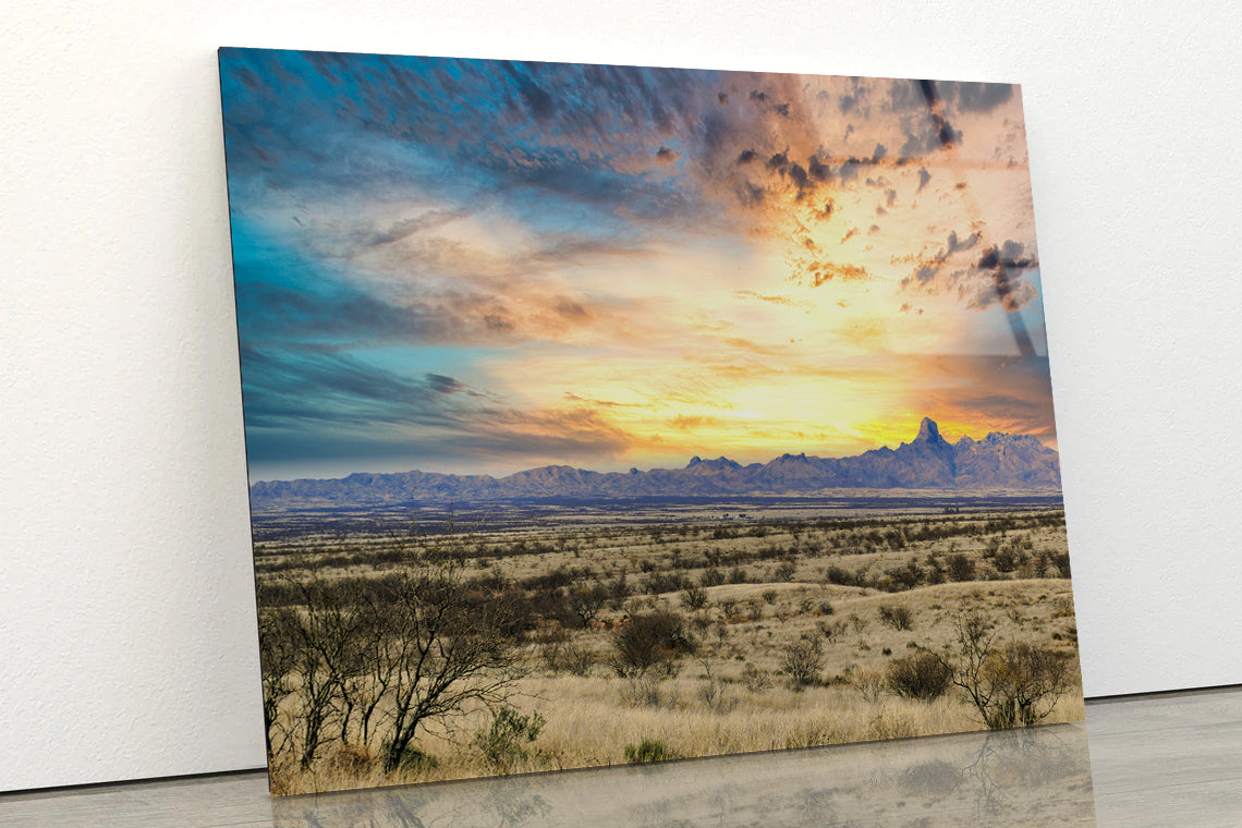 Desert Grassland with a Sunset & Mountains Acrylic Glass Print Tempered Glass Wall Art 100% Made in Australia Ready to Hang