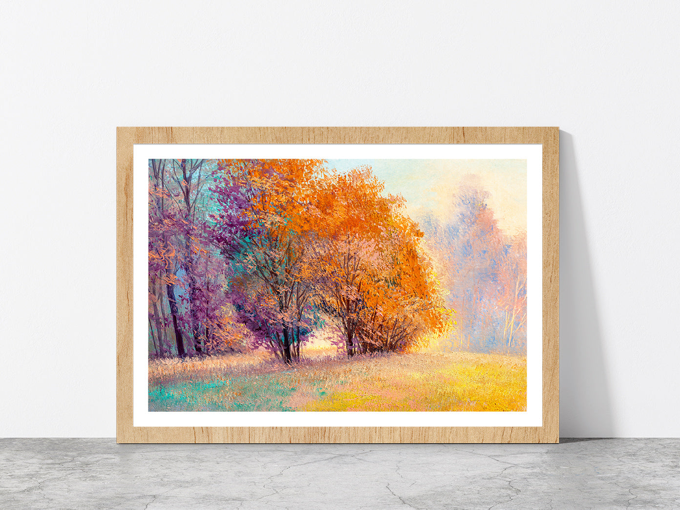 Autumn Forest With Orange Leaves Trees Glass Framed Wall Art, Ready to Hang Quality Print With White Border Oak