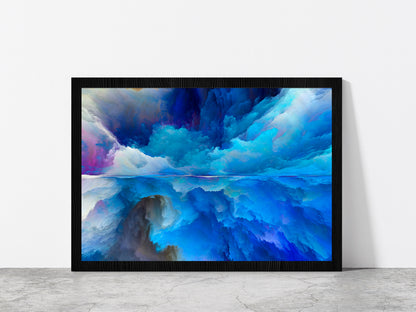 Blue Mixed Abstract Cloud Glass Framed Wall Art, Ready to Hang Quality Print Without White Border Black