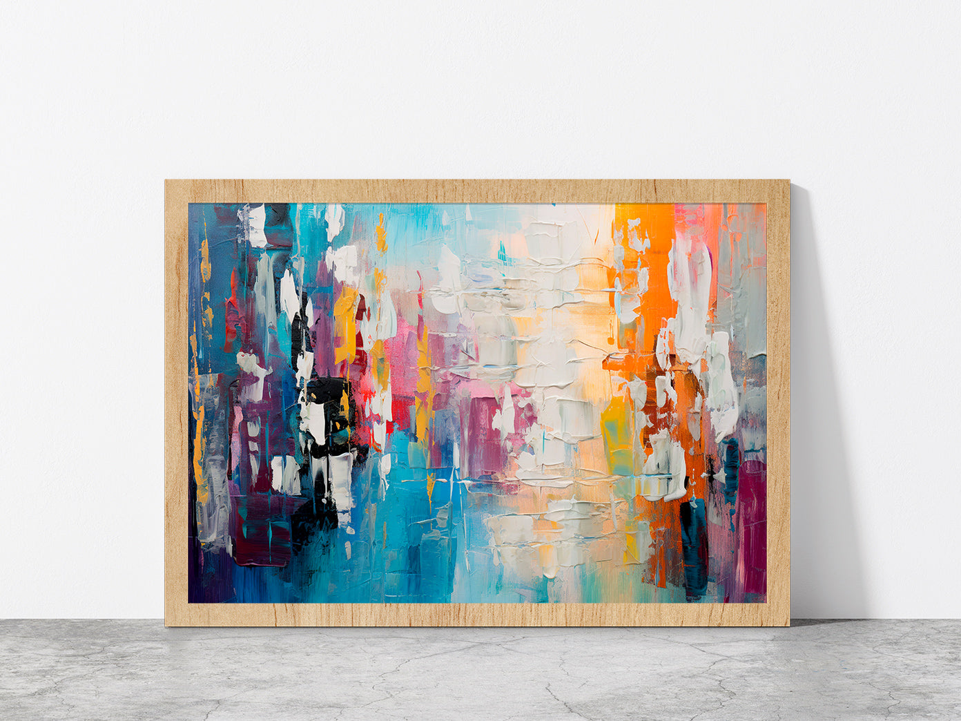 Abstract Colorful Chaotic Blend Of Acrylic Glass Framed Wall Art, Ready to Hang Quality Print Without White Border Oak