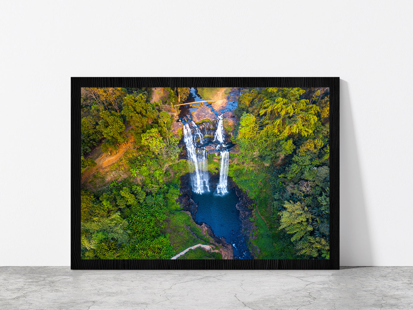 Gneuang Waterfall In Deep Forest Glass Framed Wall Art, Ready to Hang Quality Print Without White Border Black