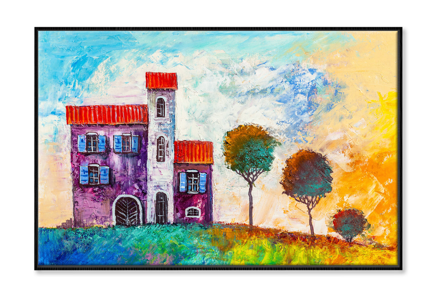 House in the Village & Trees Watercolor Painting Wall Art Limited Edition High Quality Print Canvas Box Framed Black