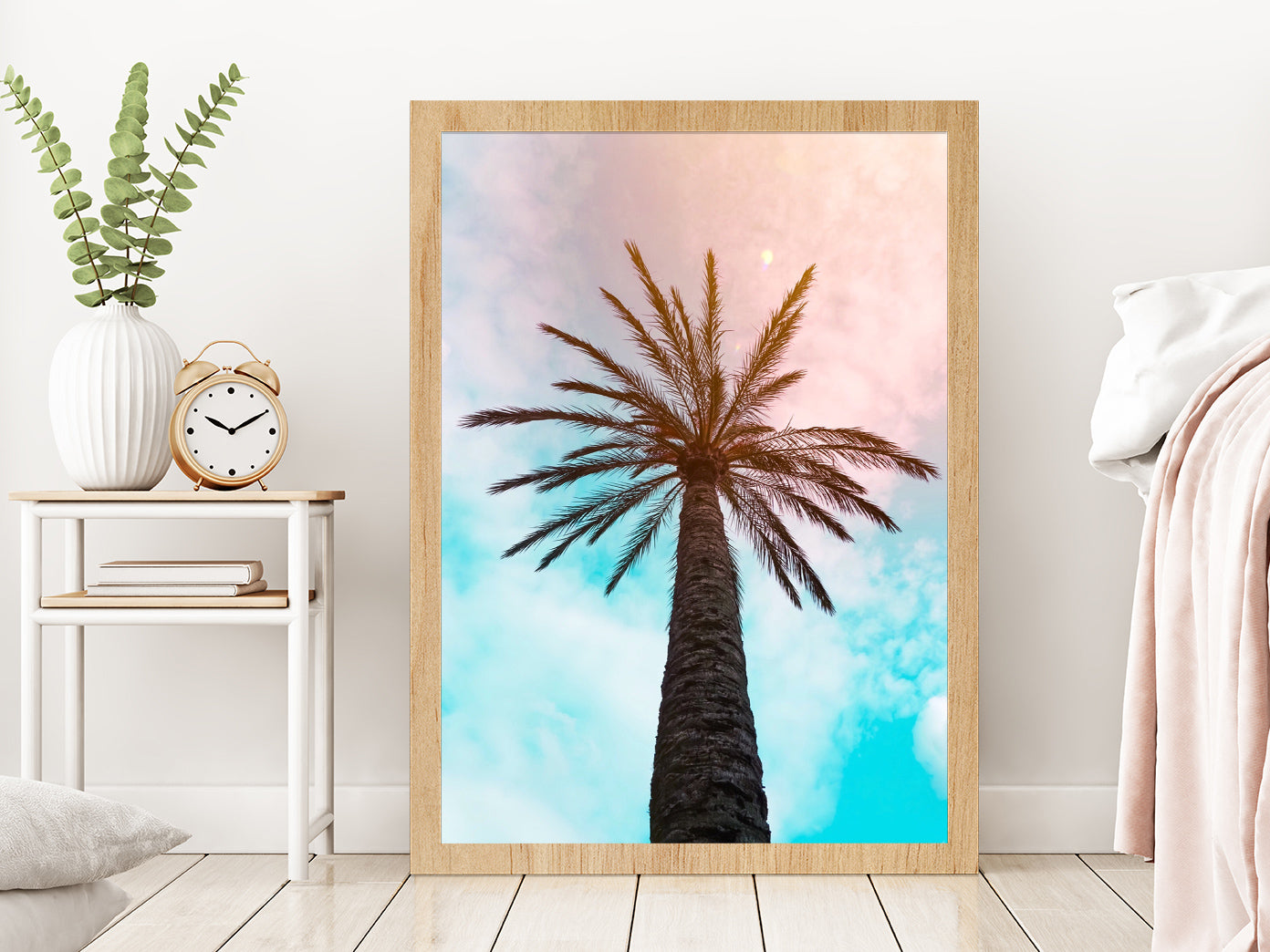 Palm Trees & Blue Pink Sky Scenery Photograph Glass Framed Wall Art, Ready to Hang Quality Print Without White Border Oak