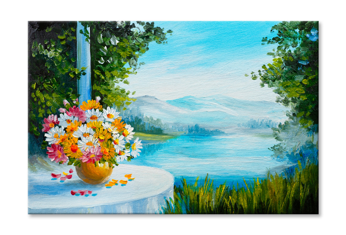 House Near The Sea, Colorful Flowers Oil Painting Wall Art Limited Edition High Quality Print Stretched Canvas None