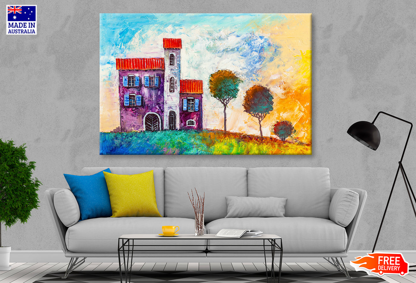 House in the Village & Trees Watercolor Painting Wall Art Limited Edition High Quality Print