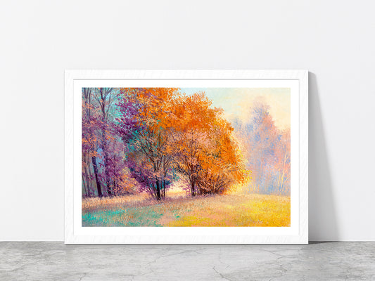 Autumn Forest With Orange Leaves Trees Glass Framed Wall Art, Ready to Hang Quality Print With White Border White