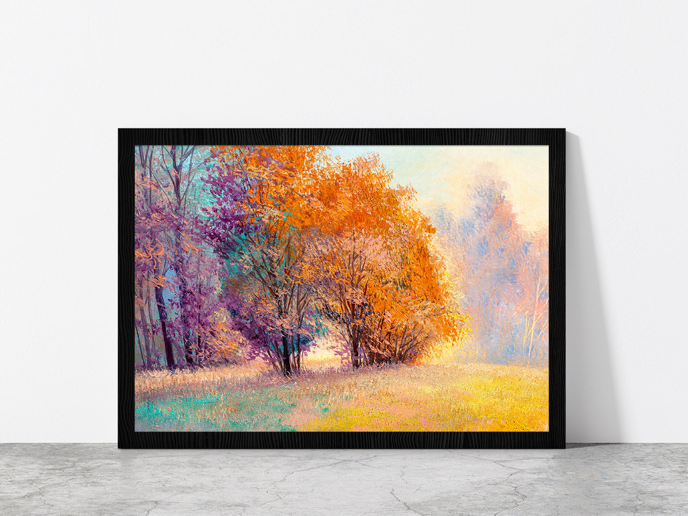 Autumn Forest With Orange Leaves Trees Glass Framed Wall Art, Ready to Hang Quality Print Without White Border Black