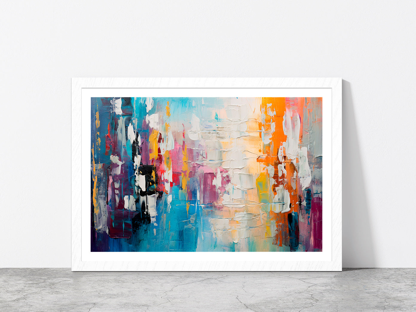 Abstract Colorful Chaotic Blend Of Acrylic Glass Framed Wall Art, Ready to Hang Quality Print With White Border White