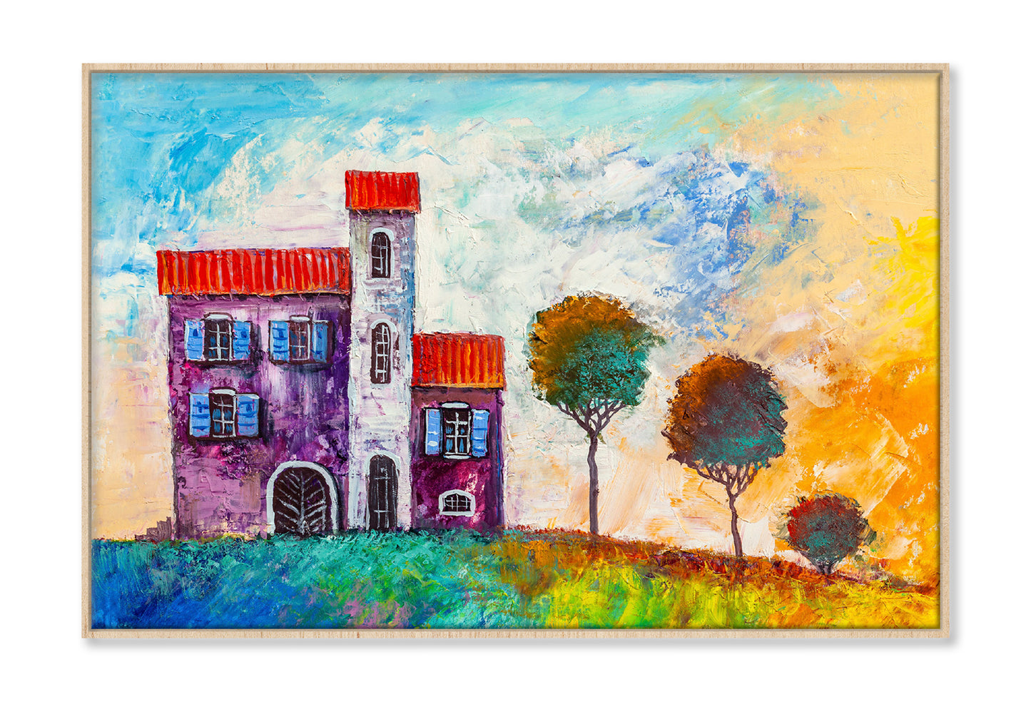 House in the Village & Trees Watercolor Painting Wall Art Limited Edition High Quality Print Canvas Box Framed Natural