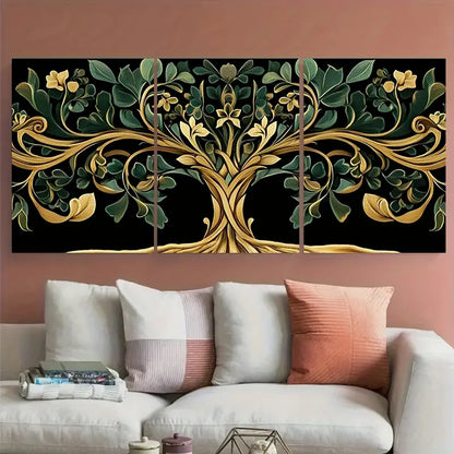 3pcs Golden Green Symbolic Tree Gothic Metal Print Ready to Hang Art