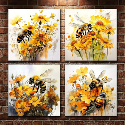 4pcsYellow Flower Wall Art Bee Wall Art Canvas Framed