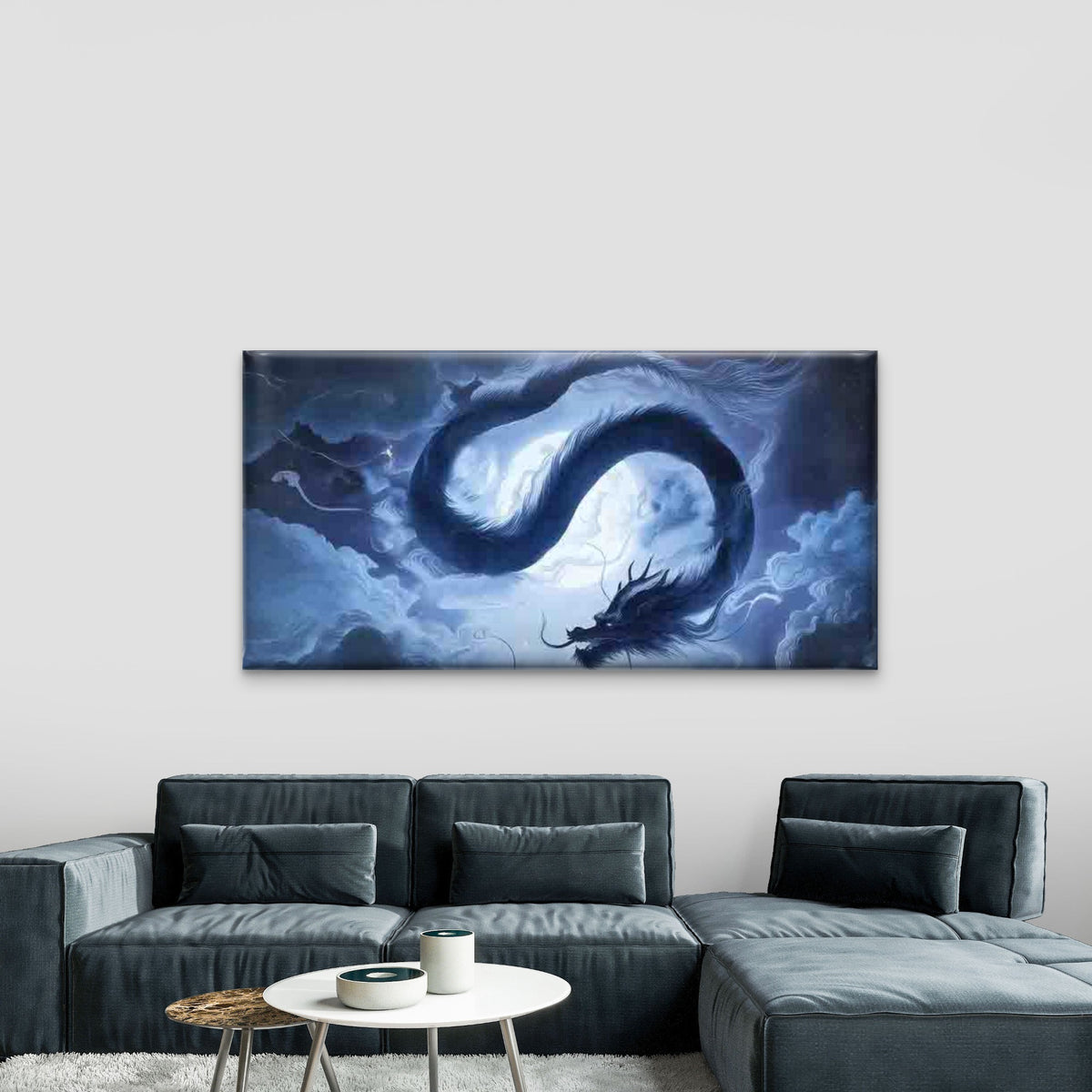 Mystical Blue Dragon Flying Wall Art Canvas Office Home Room Framed 120x60cm
