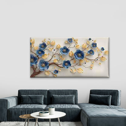 Blue Flower And Golden Leaf Wall Art Canvas Office Home Room Framed 120x60cm