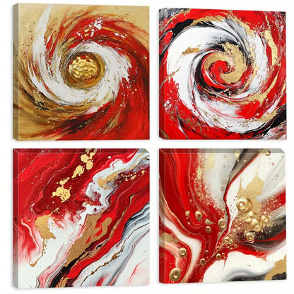 4pcs Swirling Patterns  Red, Gold  Abstract  Wall Art Canvas Framed