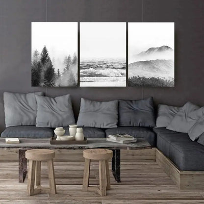 3pcs Foggy Forest Ocean Mountain Scene Wall Art Set Canvas Framed 40x60cm - High Quality Print 100% Australian Made Wall Canvas Ready to Hang