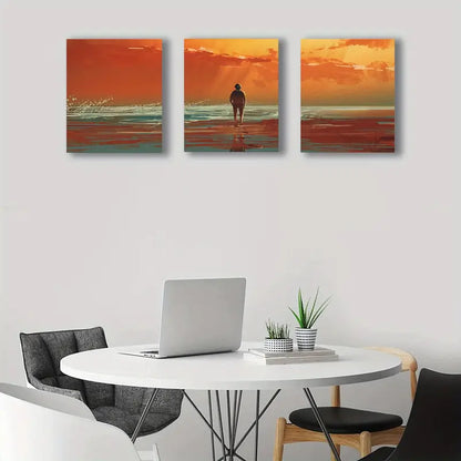 3pcs Lonely For Man On The Sea Under Sunset Metal Print Ready to Hang Art