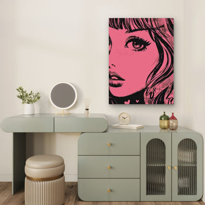Pink & Black Vintage Woman Face 60x90cm Metal Print Ready to Hang