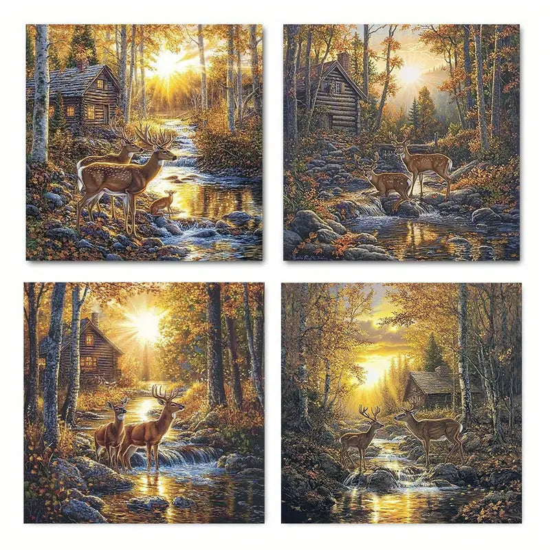 4pcs Deer In Autumn Forest Scene, Wall Art Canvas Framed
