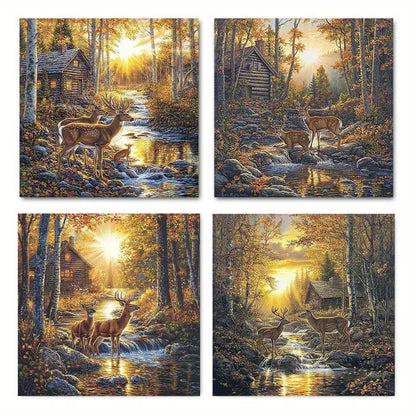 4pcs Deer In Autumn Forest Scene, Wall Art Canvas Framed