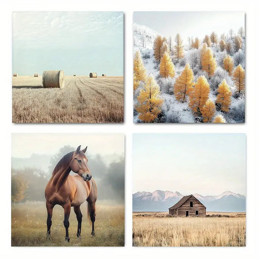 4pcs Horse Straw Bale Picture Wall Art Canvas Framed