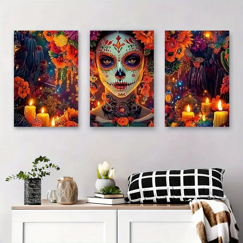3pcs Vibrant Mexican Sugar Skull Floral Metal Print Ready to Hang Art