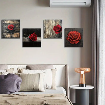 4pcs  Red Rose Decorative Artwork Wall Art Canvas Framed