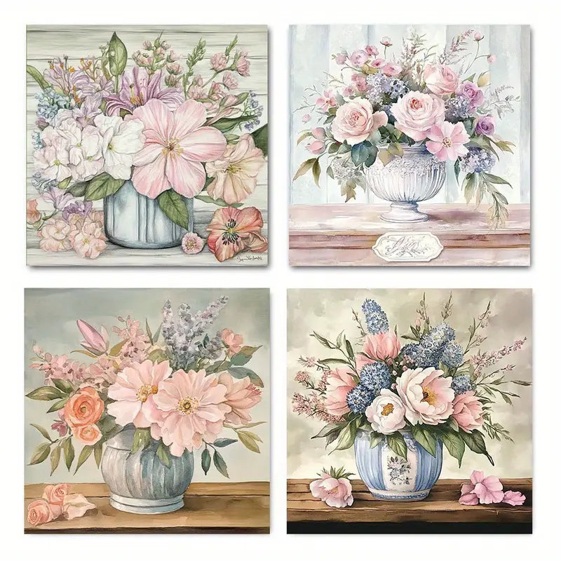 4pcs Abstract Flower Arrangements In Blue & Whit Wall Art Canvas Framed