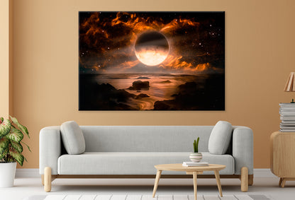 Fantasy Alien Planet Flaming Moon Wall Art Decor 100% Australian Made
