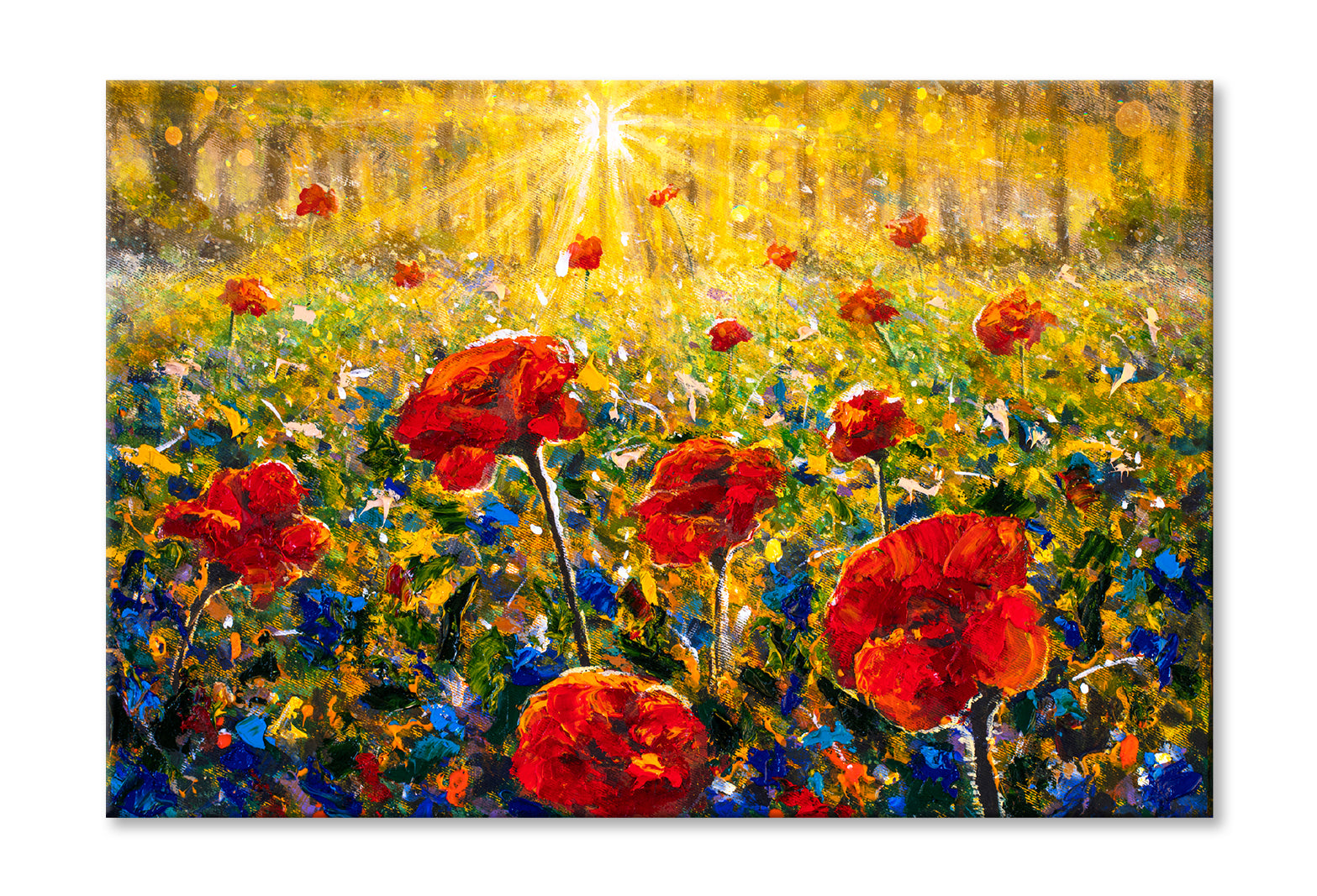 Red Poppies Field, Sun Rays Sunny Flower Field Oil Painting Wall Art Limited Edition High Quality Print Stretched Canvas None