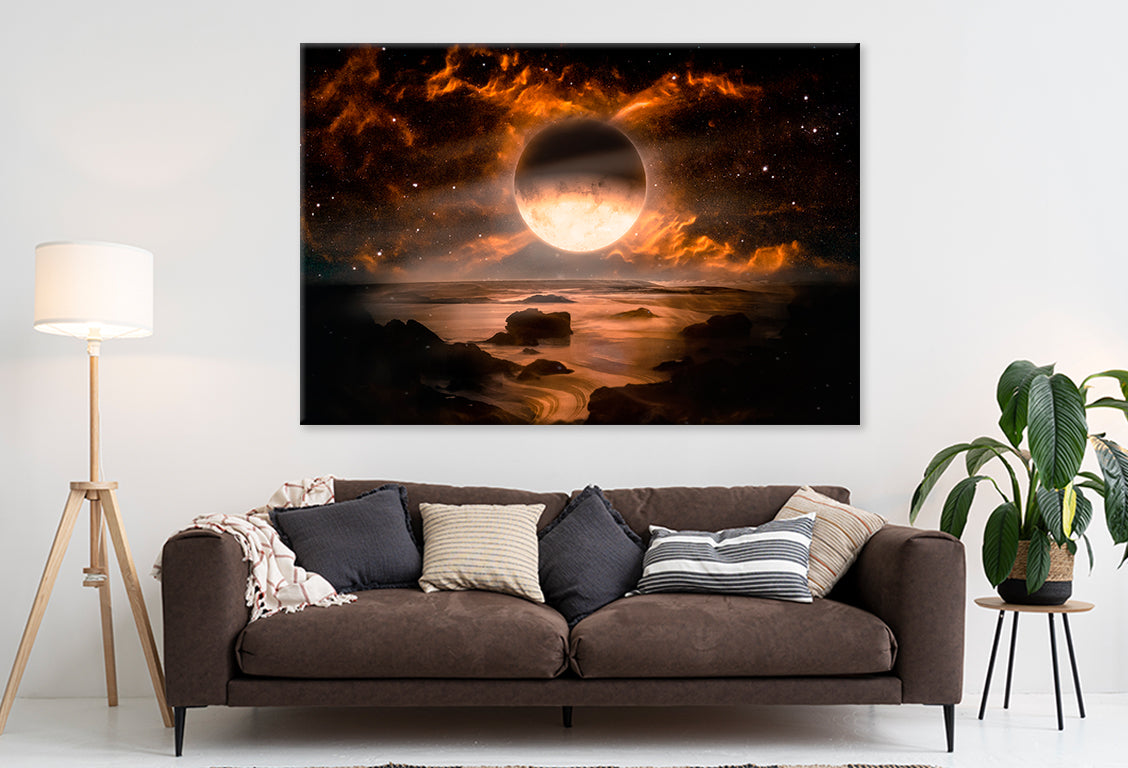 Fantasy Alien Planet Flaming Moon Wall Art Decor 100% Australian Made