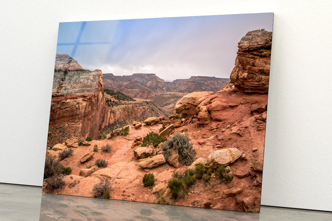 View of Rocks and Bushes with Mountains Acrylic Glass Print Tempered Glass Wall Art 100% Made in Australia Ready to Hang