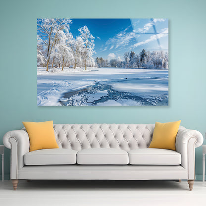 Winter, Frozen Lake and Snow-Covered Trees, Sky Acrylic Glass Print Tempered Glass Wall Art 100% Made in Australia Ready to Hang