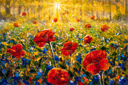 Red Poppies Field, Sun Rays Sunny Flower Field Glass Framed Wall Art, Ready to Hang Quality Print