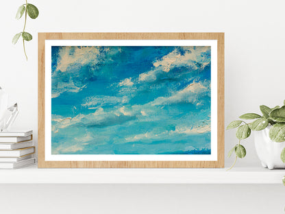 Abstract Clouds Blue Sky Paint Glass Framed Wall Art, Ready to Hang Quality Print With White Border Oak