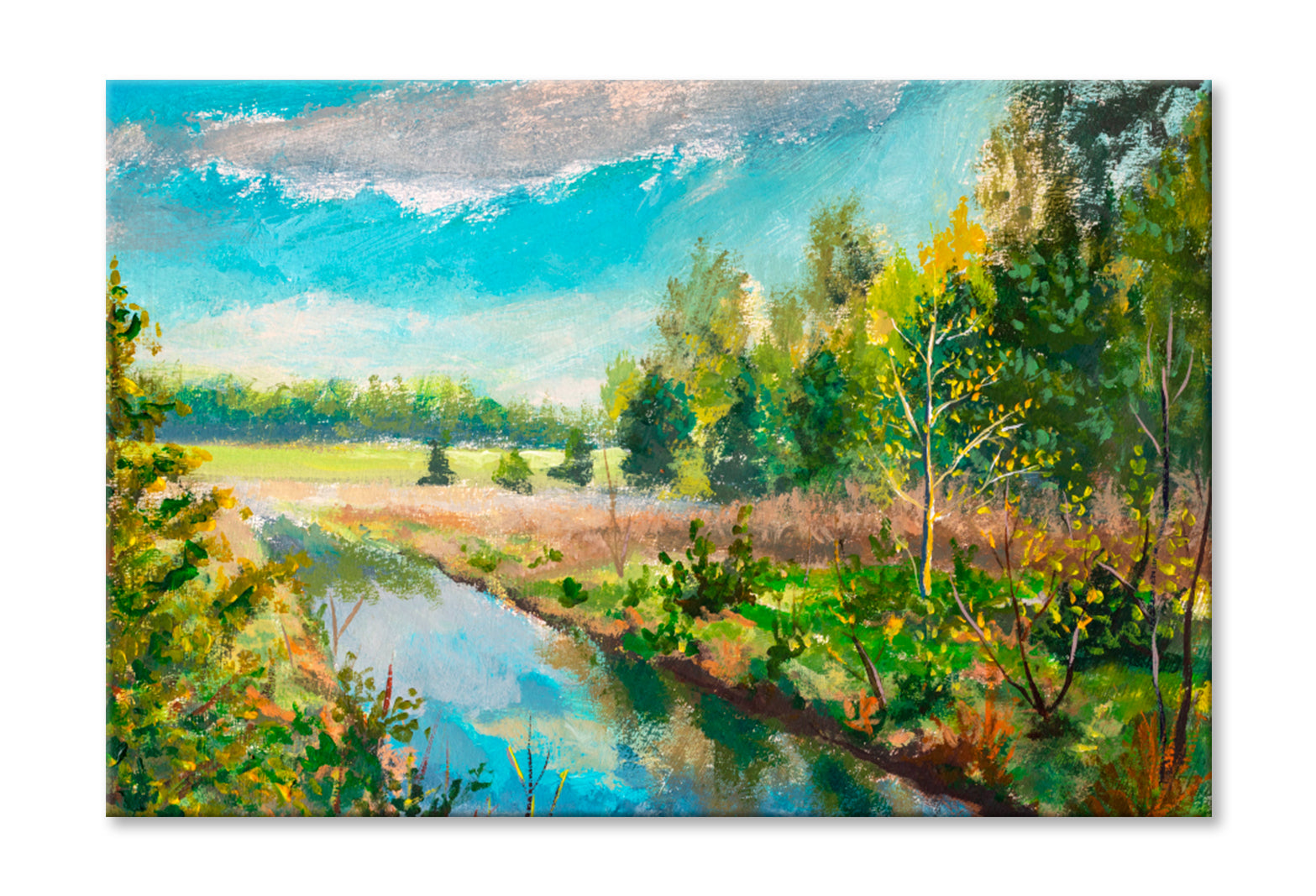 Green Trees & Bushes, Lake Stream River Oil Painting Wall Art Limited Edition High Quality Print Stretched Canvas None