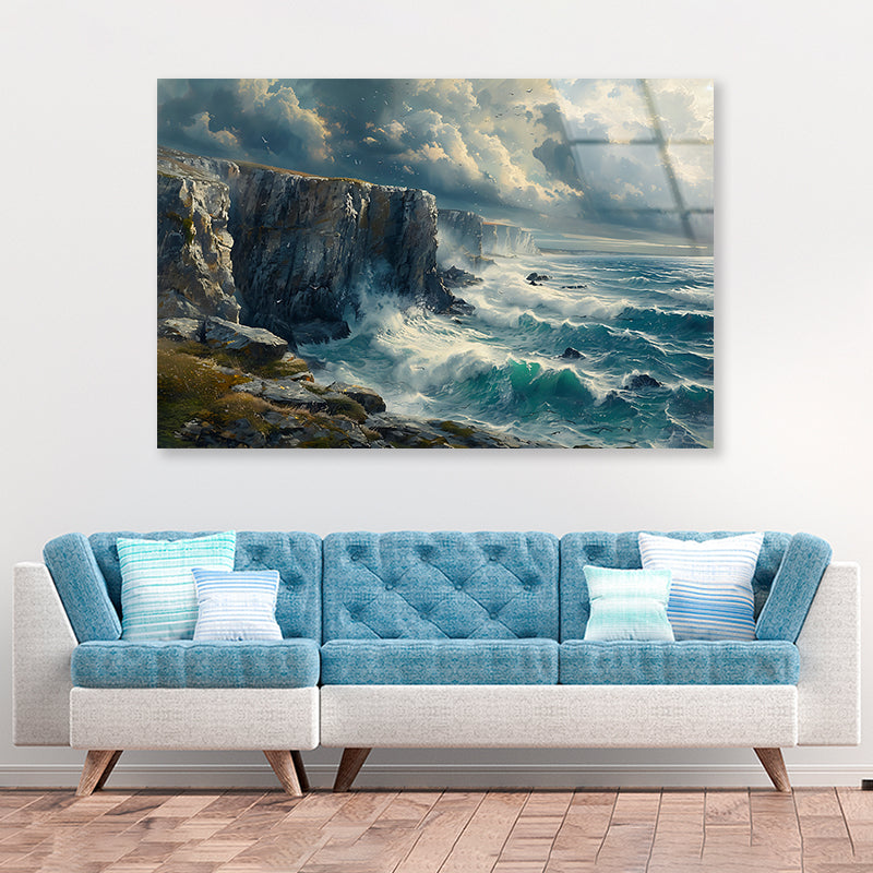 View of Waves Crashing On Rocks Acrylic Glass Print Tempered Glass Wall Art 100% Made in Australia Ready to Hang