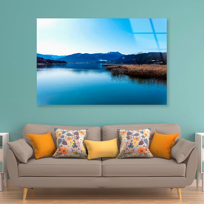 A Lake with a Blue Sky Overhead With Mountains Acrylic Glass Print Tempered Glass Wall Art 100% Made in Australia Ready to Hang